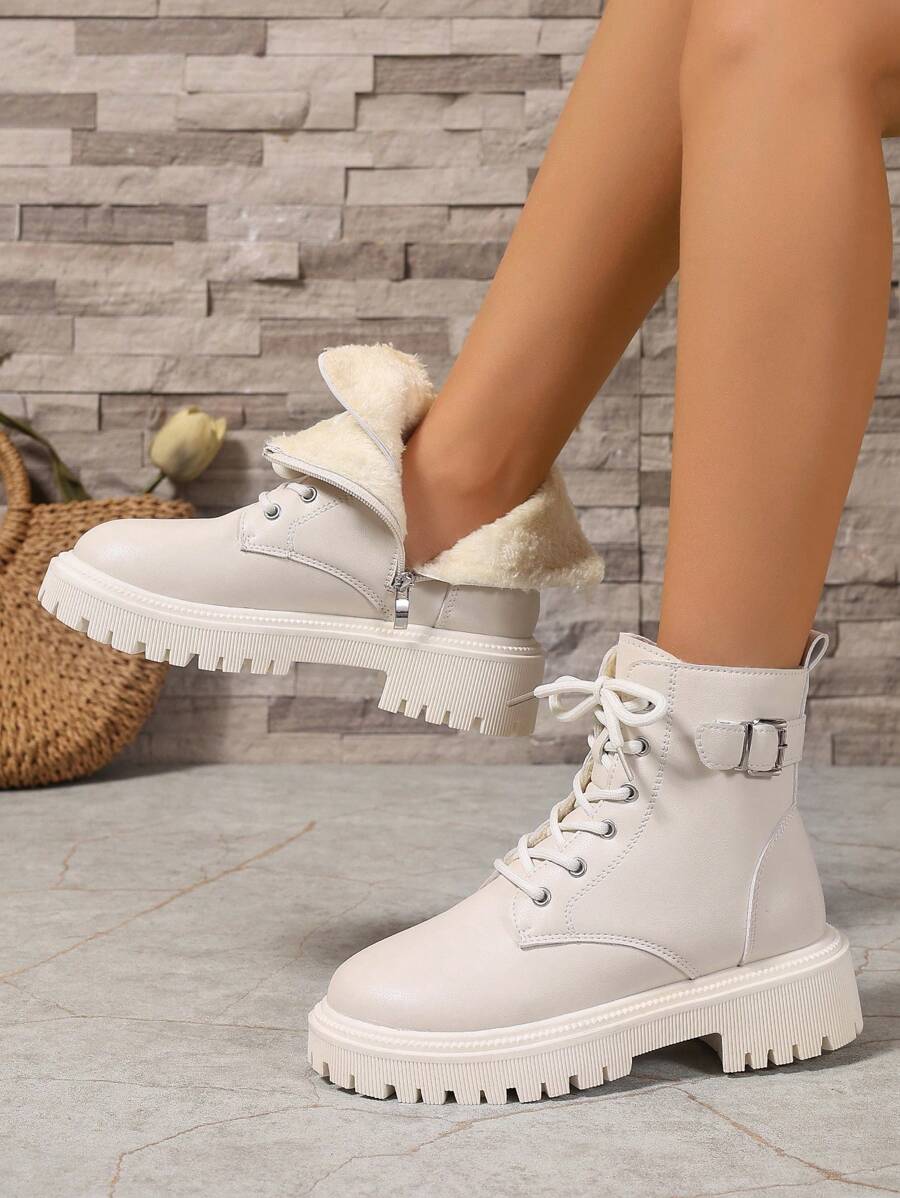 Women's Lace Up Combat Boots Ankle Boots with Side Zipper - Ivory - photo 6
