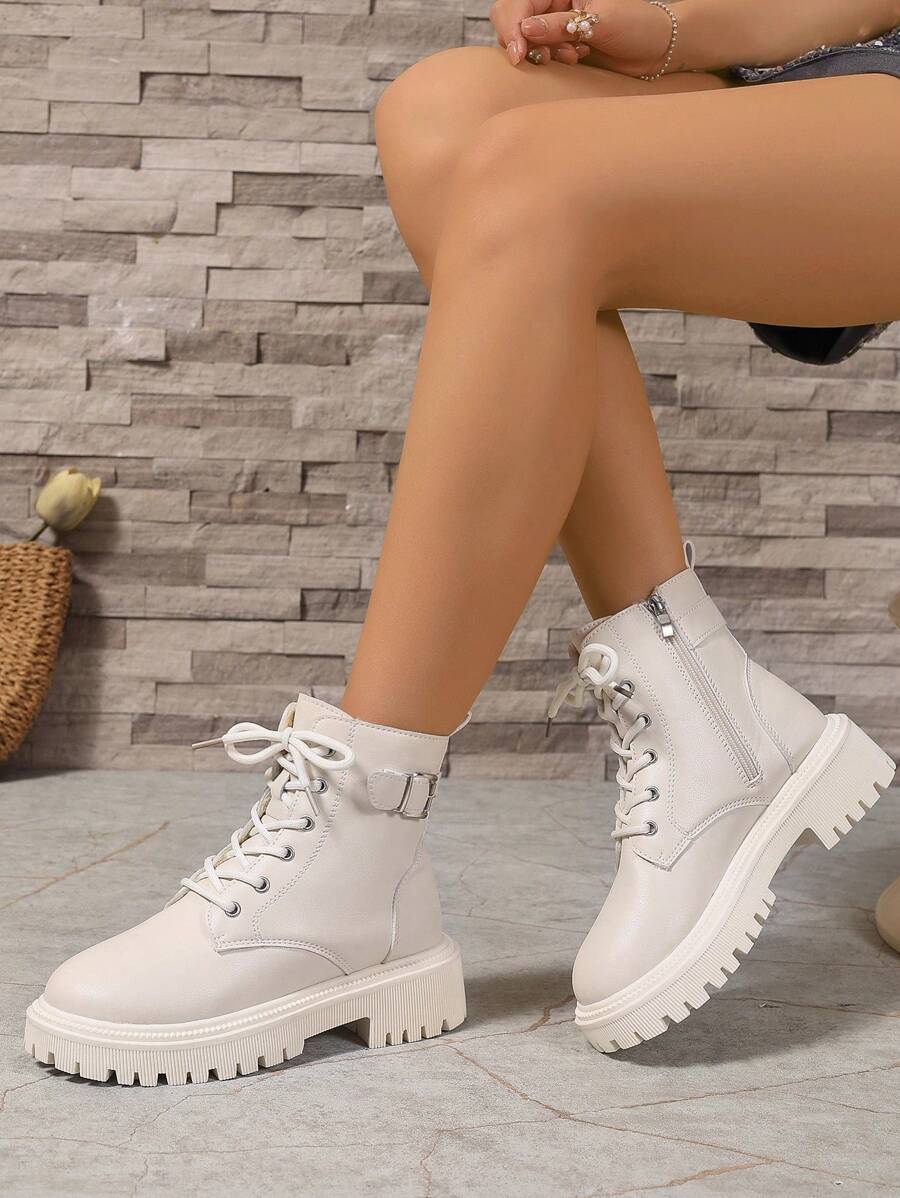 Women's Lace Up Combat Boots Ankle Boots with Side Zipper - Ivory - photo 3