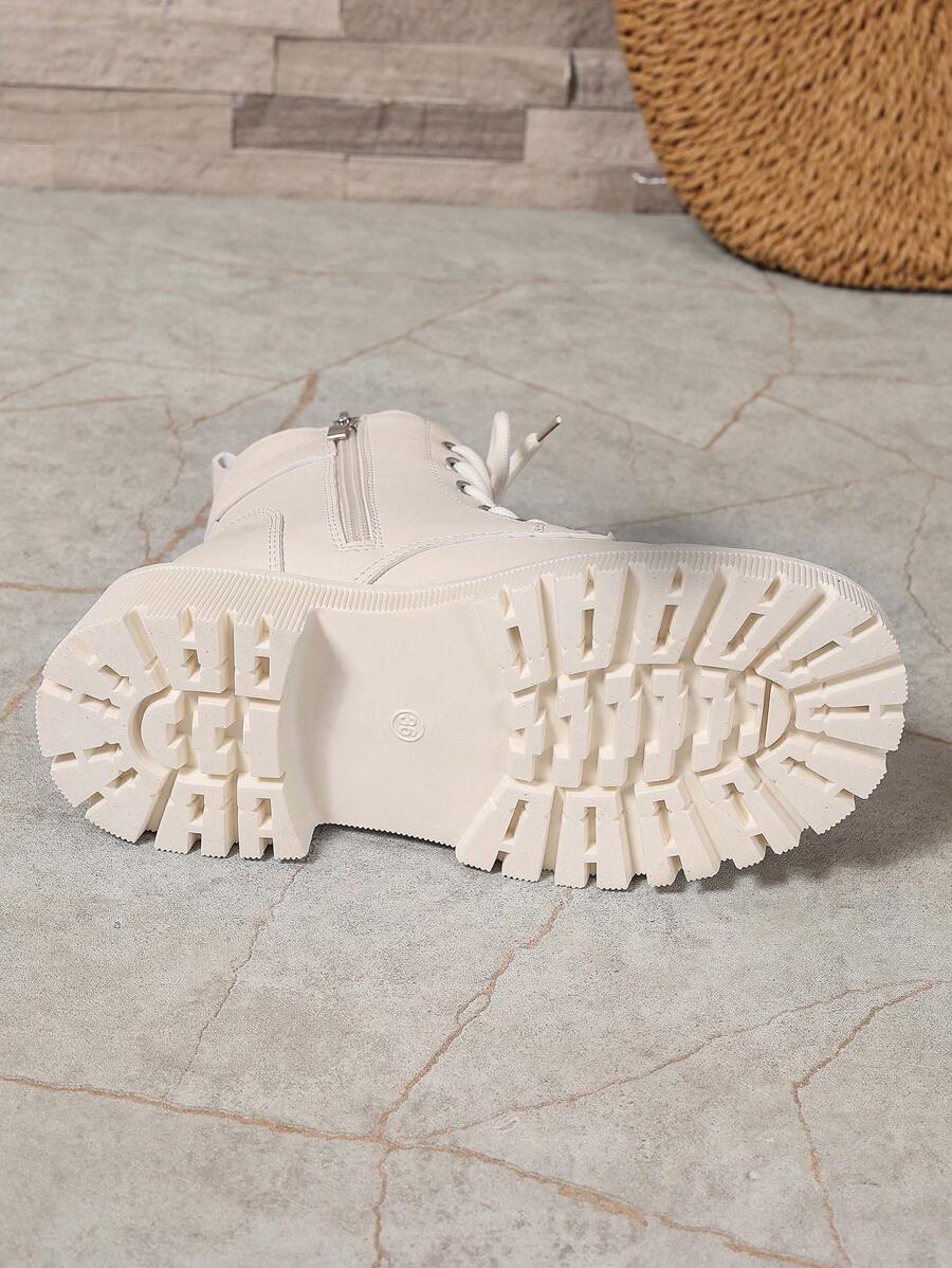 Women's Lace Up Combat Boots Ankle Boots with Side Zipper - Ivory - photo 8