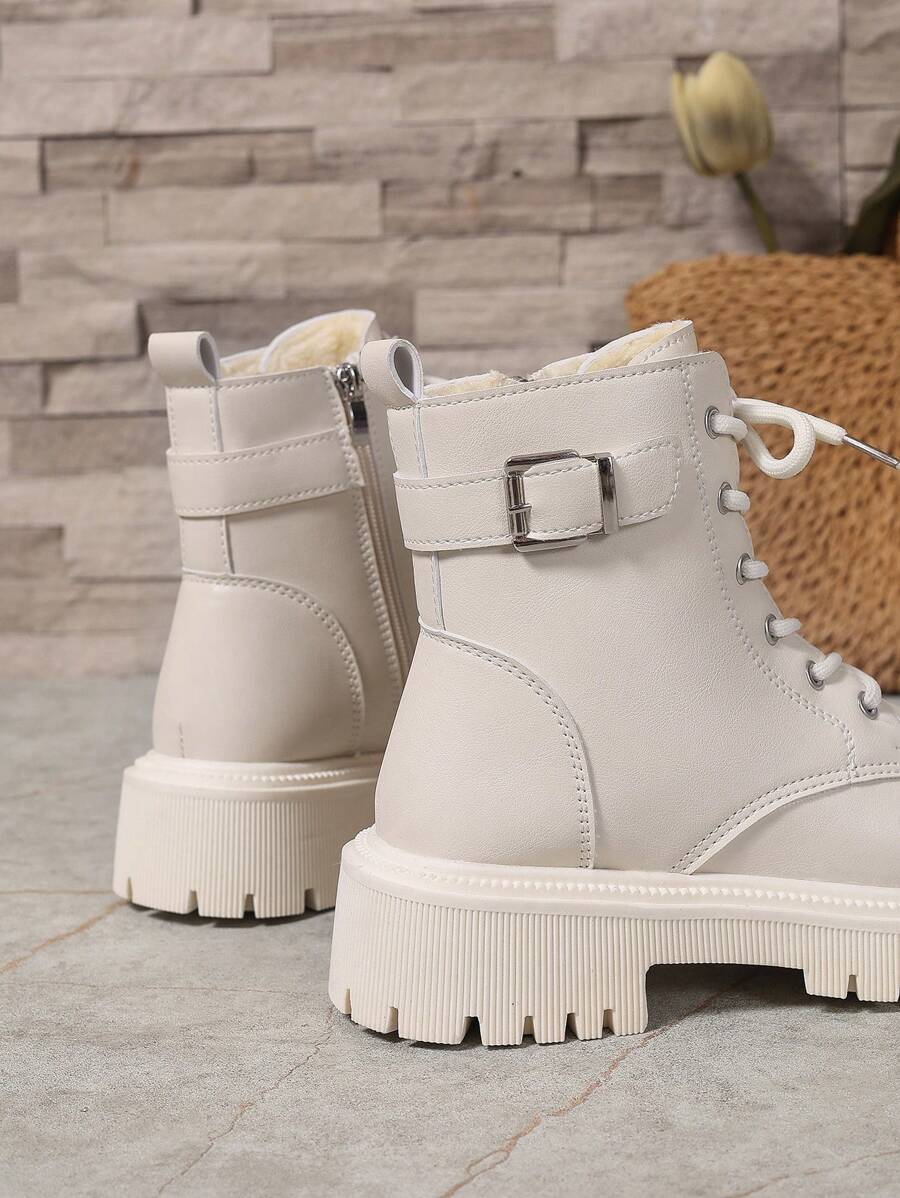 Women's Lace Up Combat Boots Ankle Boots with Side Zipper - Ivory - photo 7