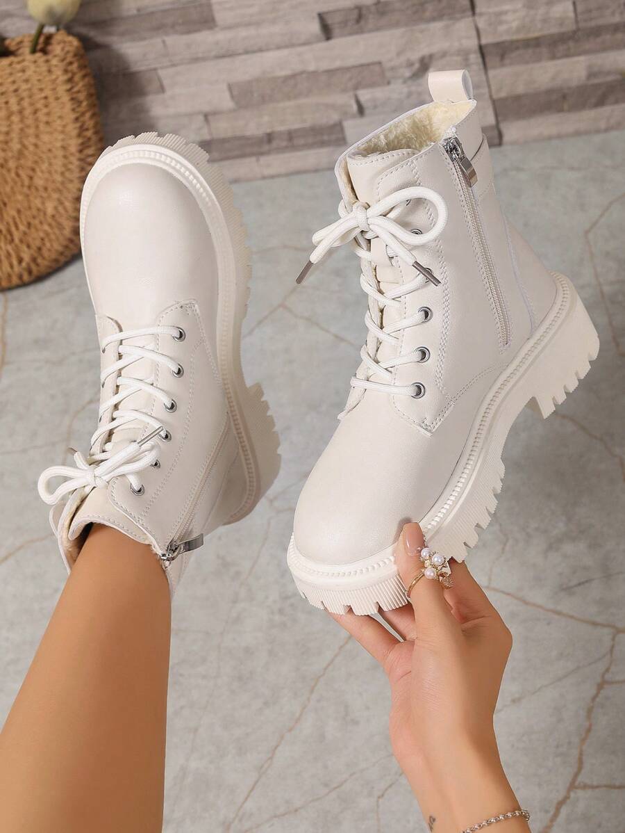 Women's Lace Up Combat Boots Ankle Boots with Side Zipper - Ivory