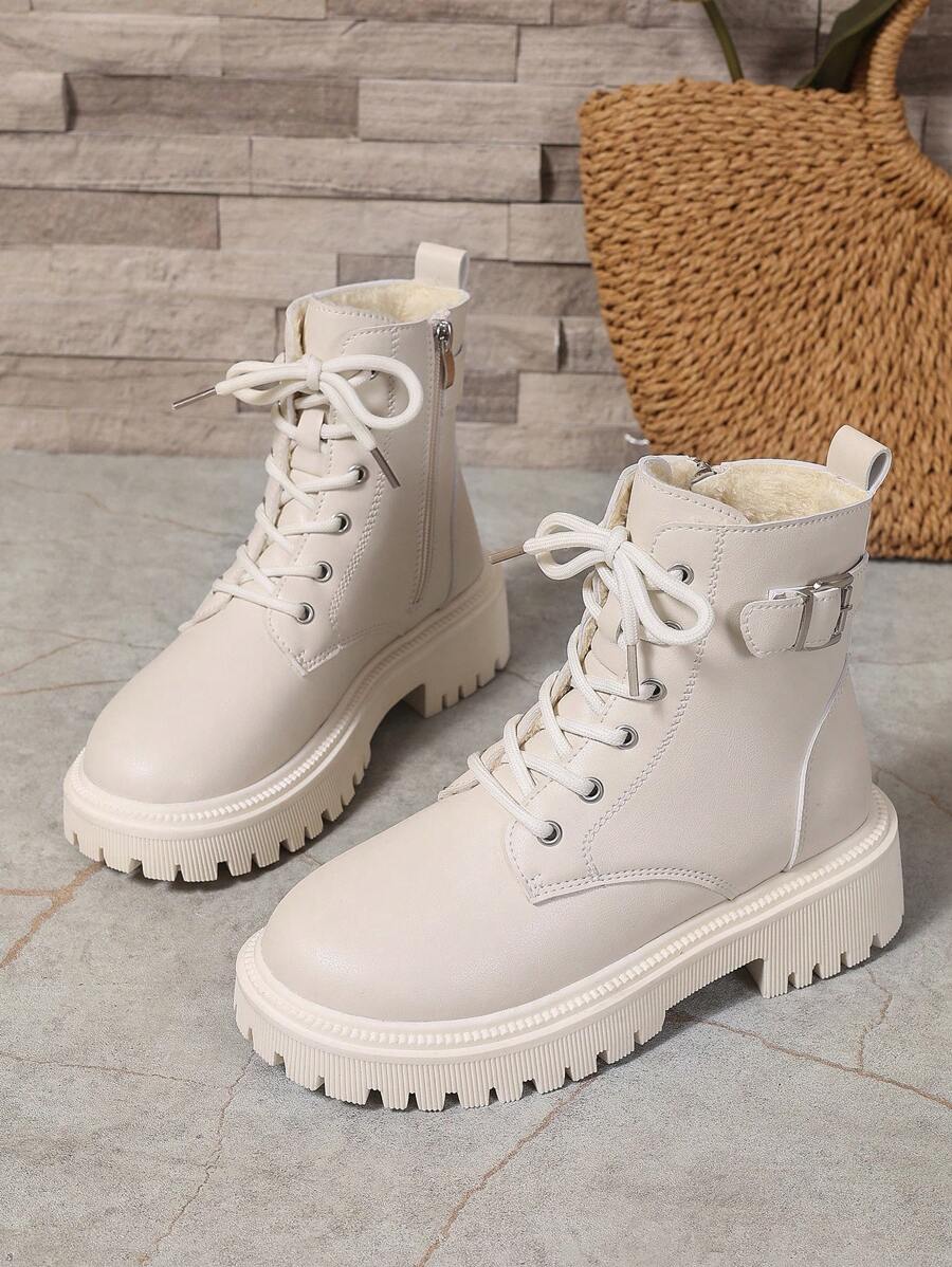 Women's Lace Up Combat Boots Ankle Boots with Side Zipper - Ivory - photo 5