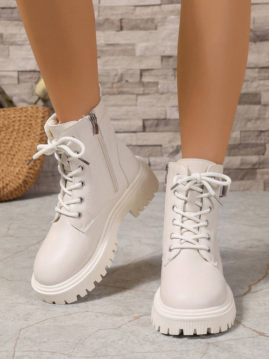 Women's Lace Up Combat Boots Ankle Boots with Side Zipper - Ivory - photo 2