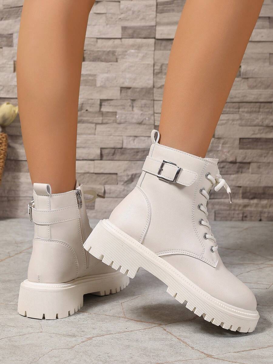 Women's Lace Up Combat Boots Ankle Boots with Side Zipper - Ivory - photo 4