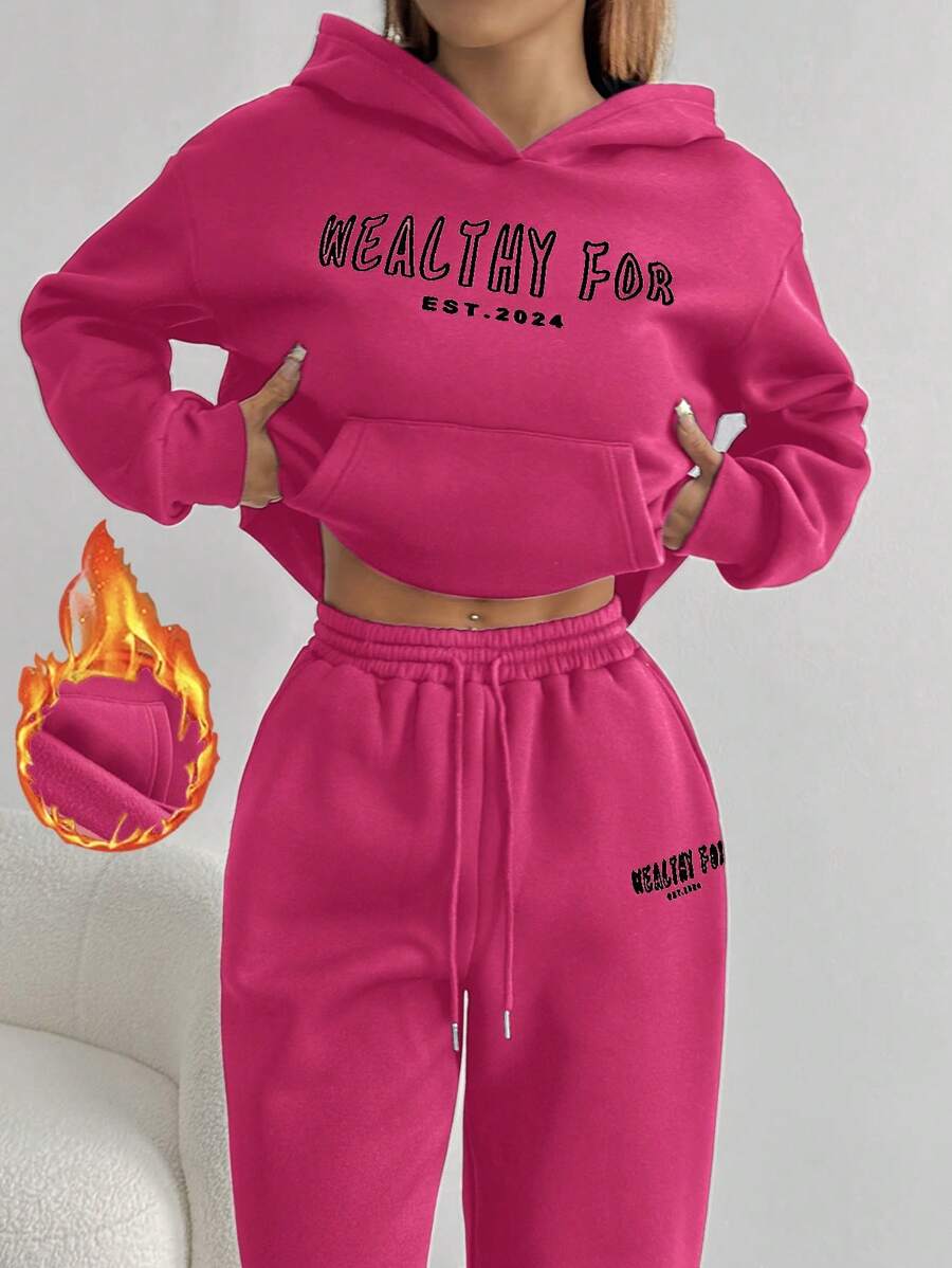 Women's Cropped Hoodie Sweatshirt Long Sleeve Drawstring Pocket - Hot Pink