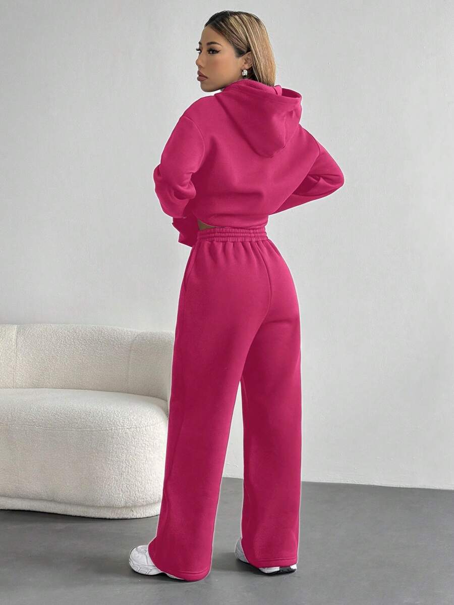 Women's Cropped Hoodie Sweatshirt Long Sleeve Drawstring Pocket - Hot Pink - photo 2