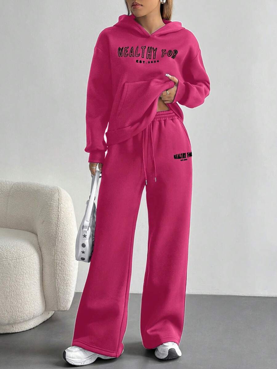 Women's Cropped Hoodie Sweatshirt Long Sleeve Drawstring Pocket - Hot Pink - photo 4