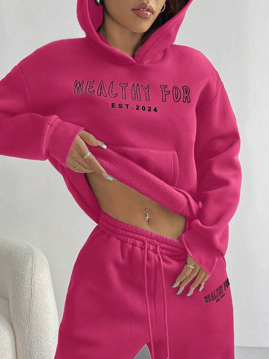 Women's Cropped Hoodie Sweatshirt Long Sleeve Drawstring Pocket - Hot Pink - photo 5