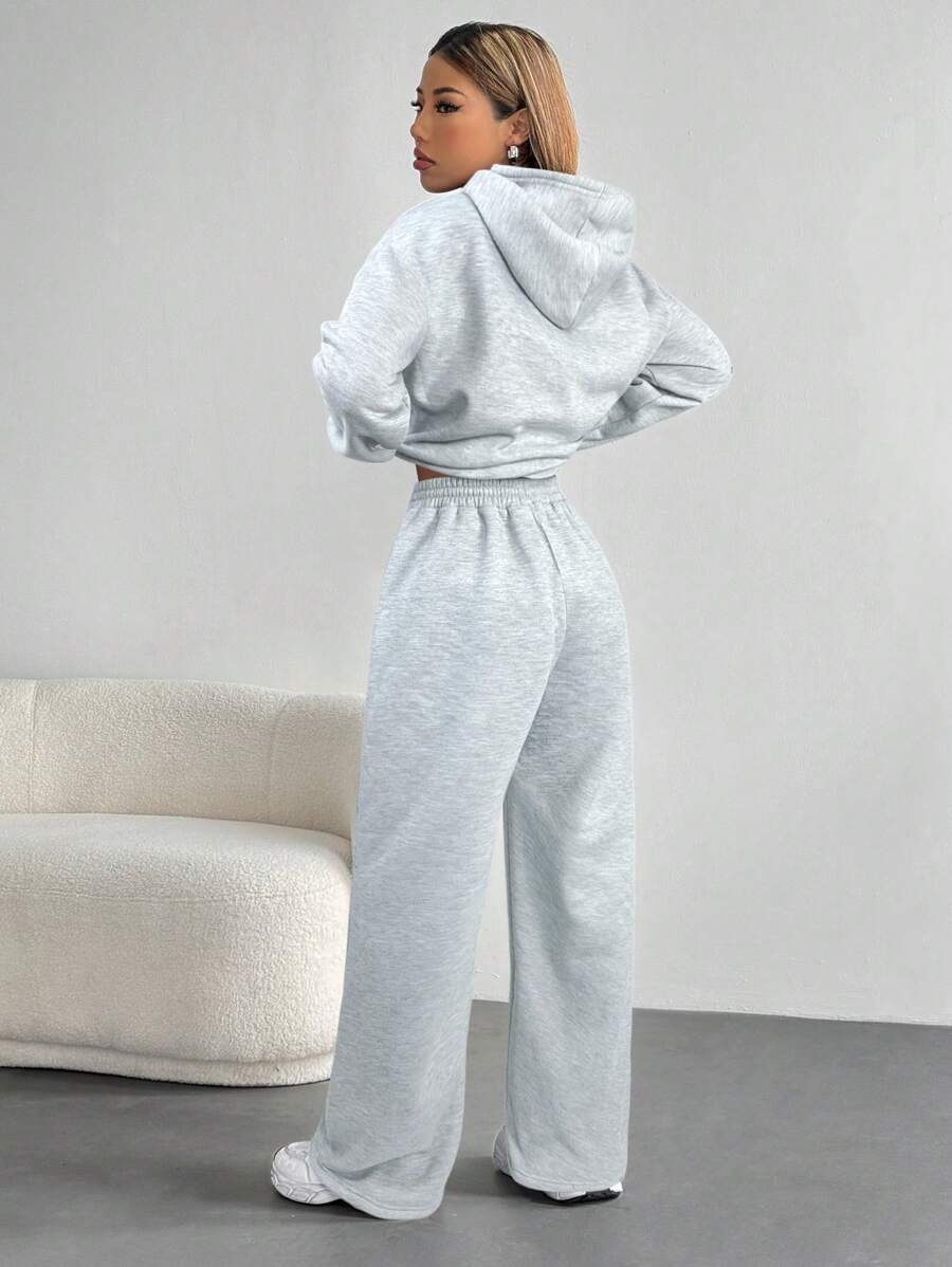 Women's Cropped Hoodie Sweatshirt Long Sleeve Drawstring Pocket - Gray - photo 2