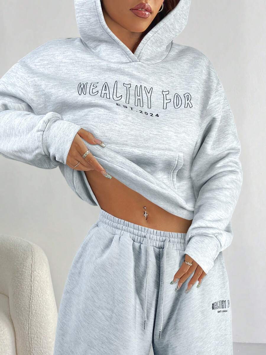 Women's Cropped Hoodie Sweatshirt Long Sleeve Drawstring Pocket - Gray - photo 5