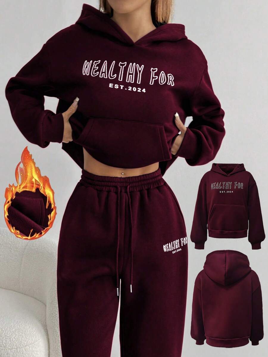 Women's Cropped Hoodie Sweatshirt Long Sleeve Drawstring Pocket - Burgundy