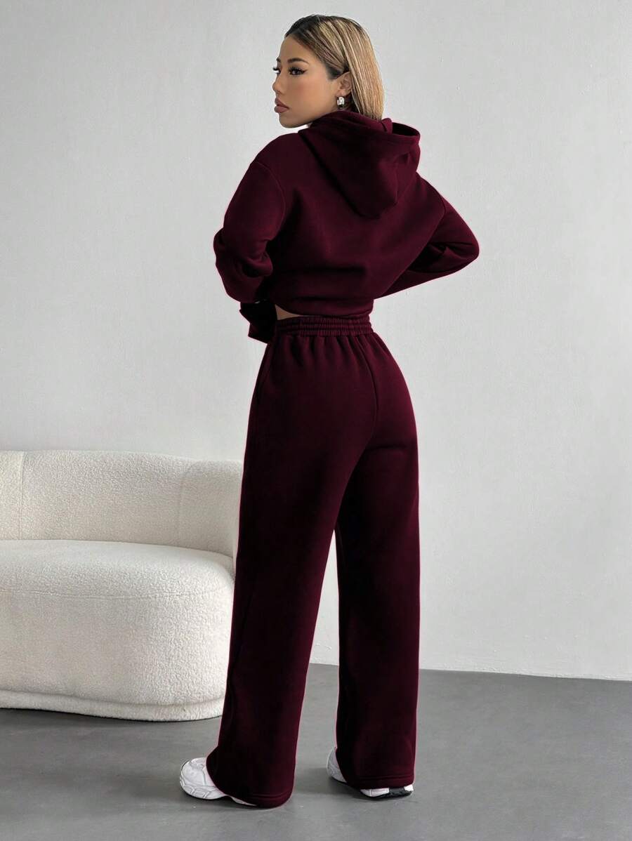 Women's Cropped Hoodie Sweatshirt Long Sleeve Drawstring Pocket - Burgundy - photo 2