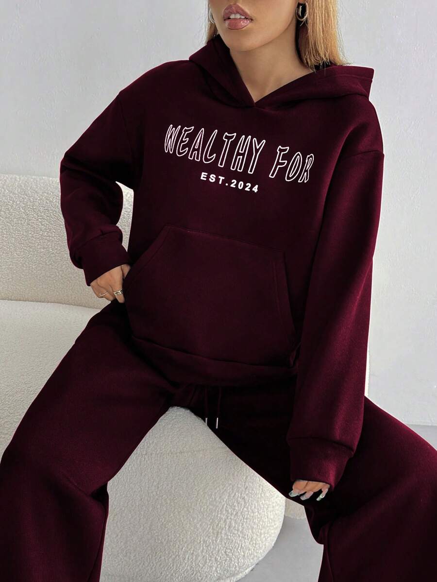 Women's Cropped Hoodie Sweatshirt Long Sleeve Drawstring Pocket - Burgundy - photo 3