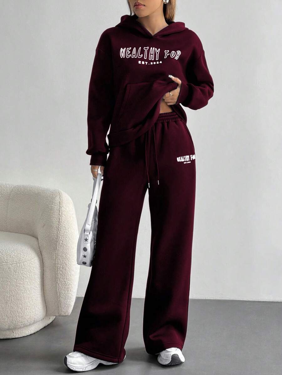 Women's Cropped Hoodie Sweatshirt Long Sleeve Drawstring Pocket - Burgundy - photo 4