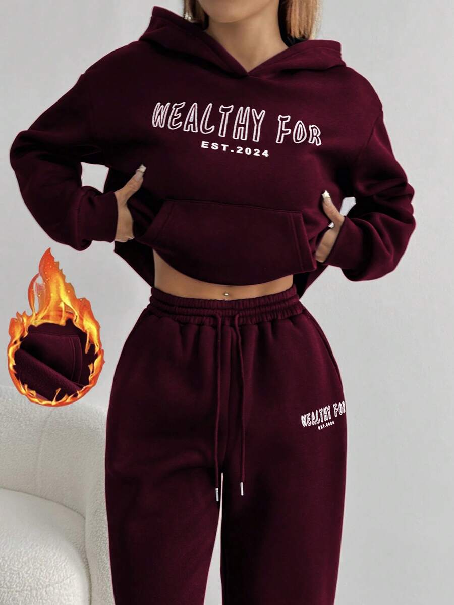 Women's Cropped Hoodie Sweatshirt Long Sleeve Drawstring Pocket - Burgundy - photo 6