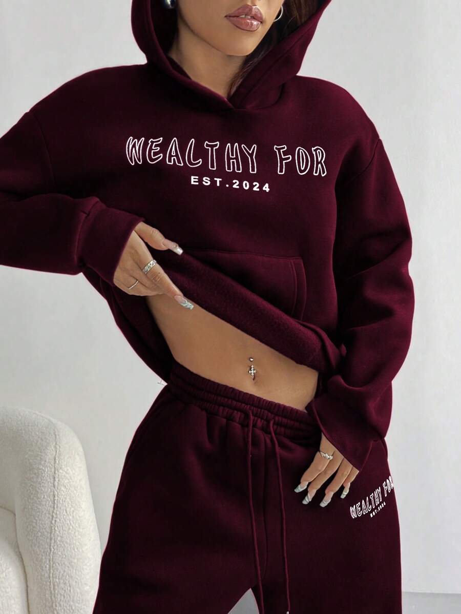 Women's Cropped Hoodie Sweatshirt Long Sleeve Drawstring Pocket - Burgundy - photo 7