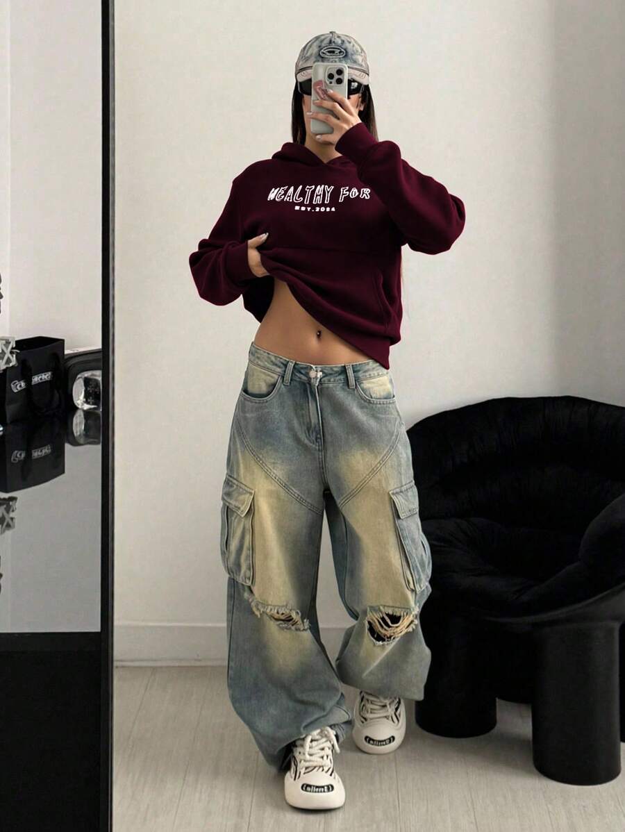 Women's Cropped Hoodie Sweatshirt Long Sleeve Drawstring Pocket - Burgundy - photo 8