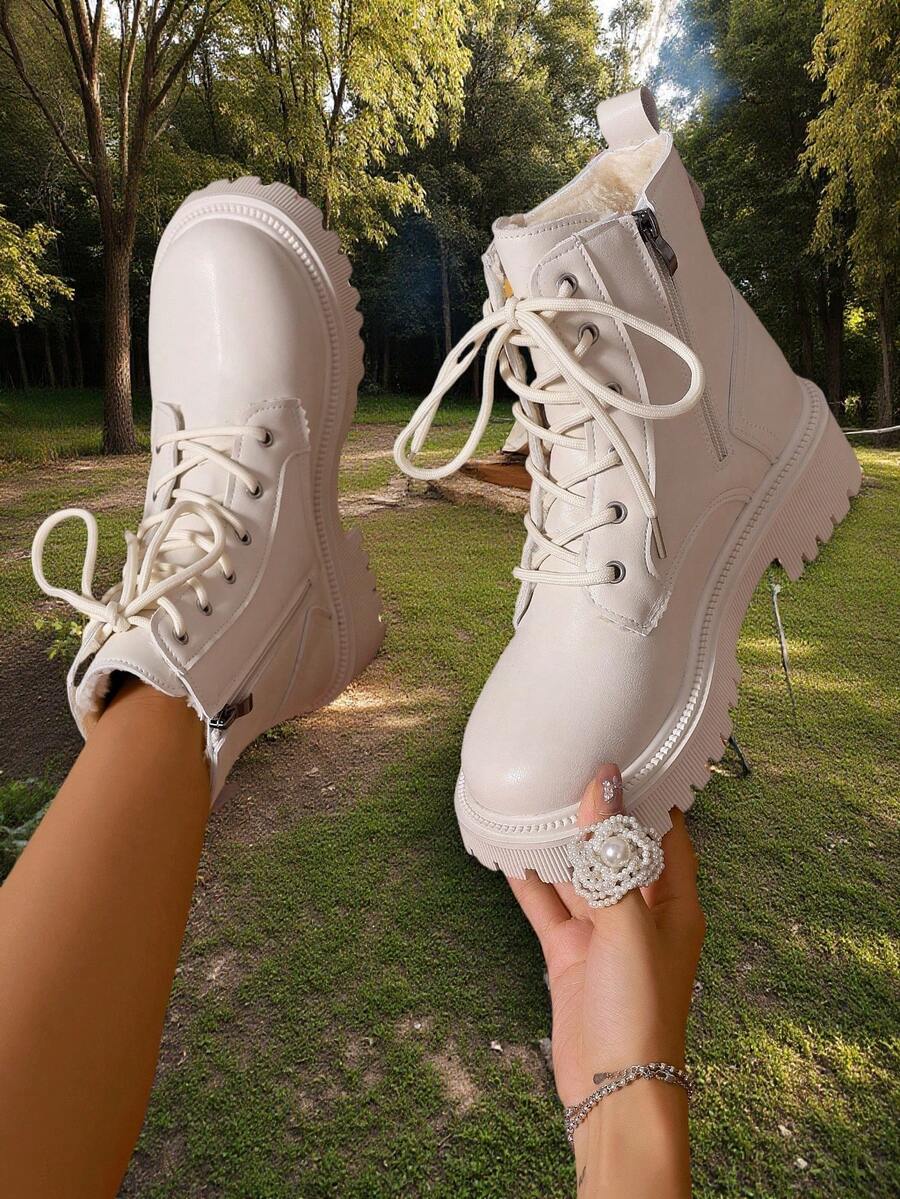 Women's Combat Boots Lace Up Ankle Boots Side Zipper - White 2