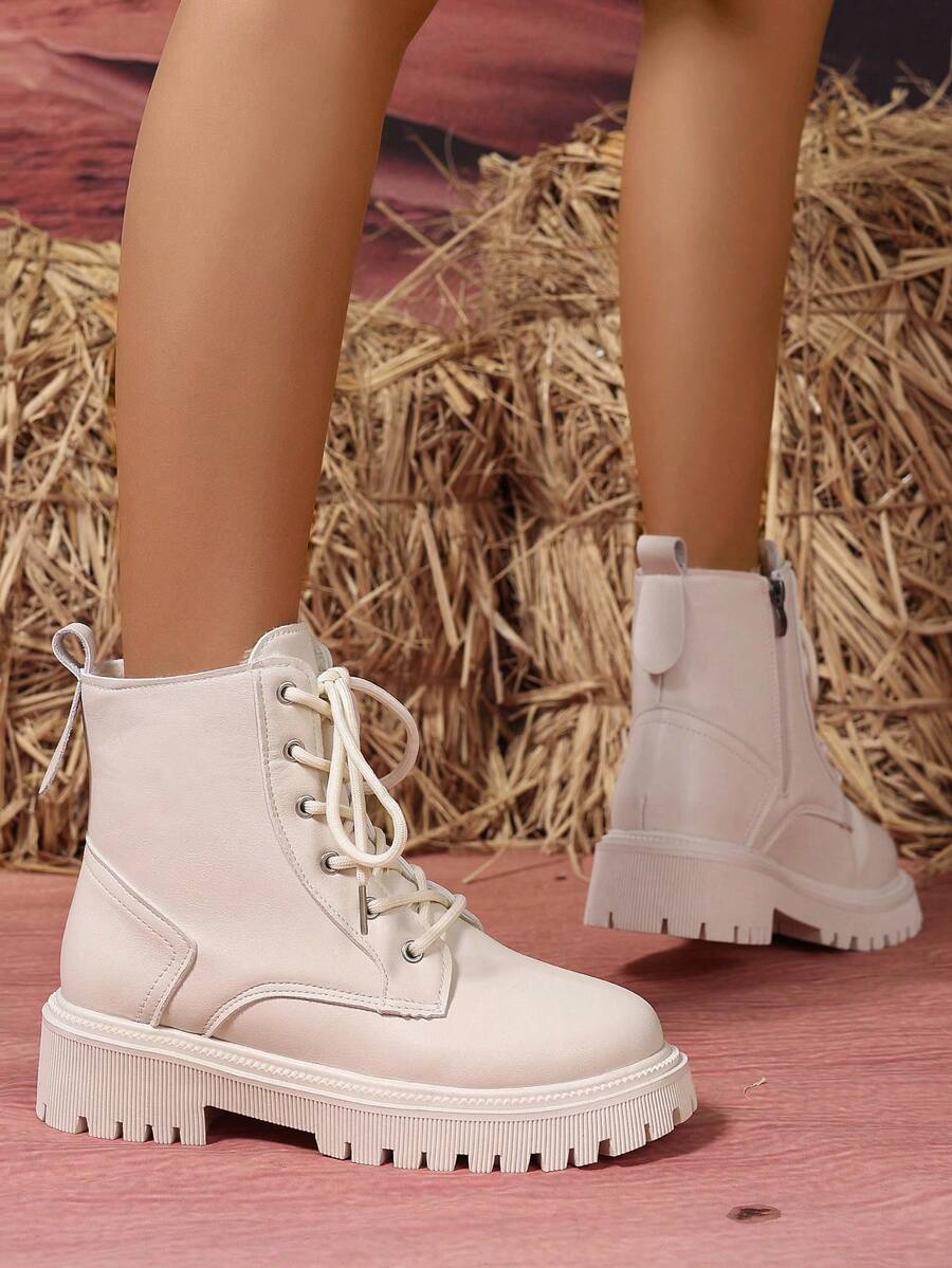 Women's Combat Boots Lace Up Ankle Boots Side Zipper - White 2 - photo 8