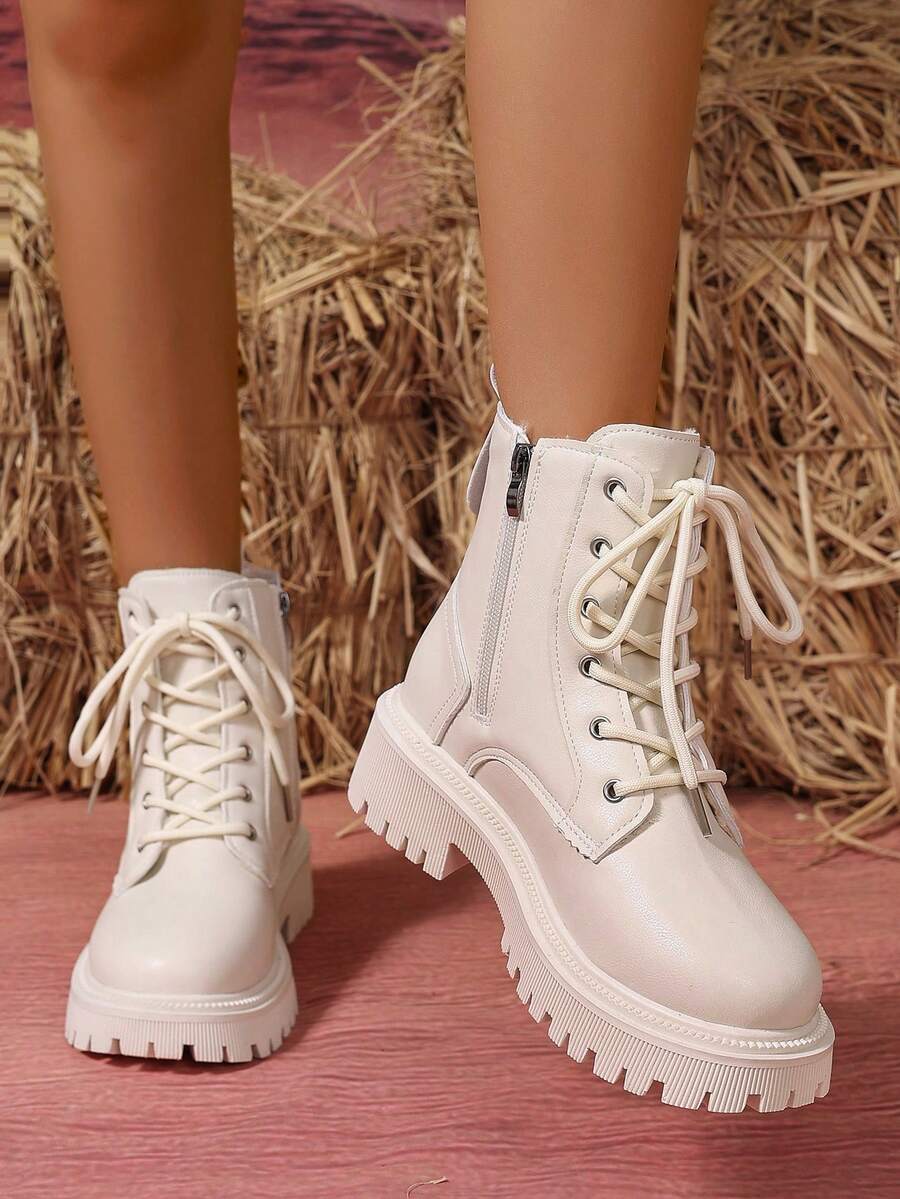 Women's Combat Boots Lace Up Ankle Boots Side Zipper - White 2 - photo 7