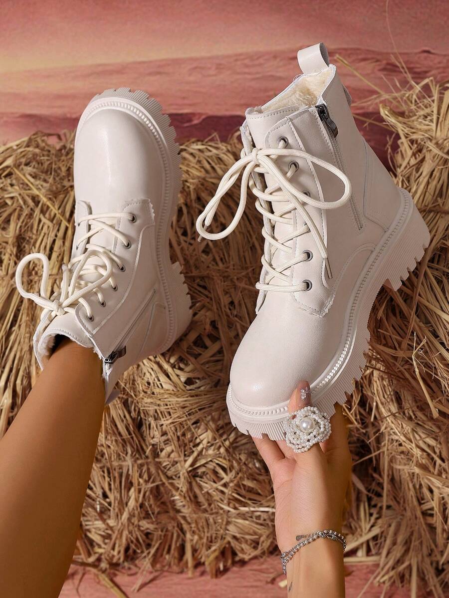 Women's Combat Boots Lace Up Ankle Boots Side Zipper - White 2 - photo 4