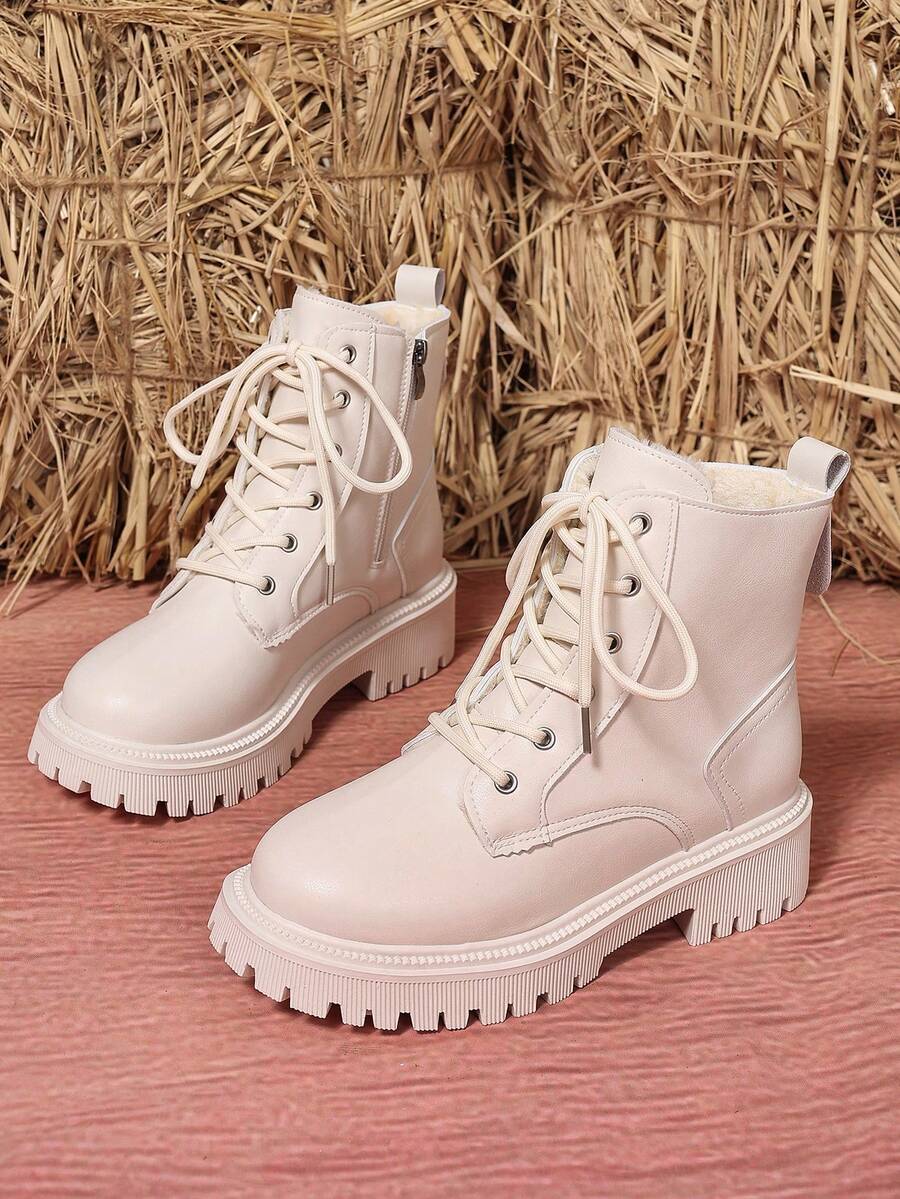 Women's Combat Boots Lace Up Ankle Boots Side Zipper - White 2 - photo 2