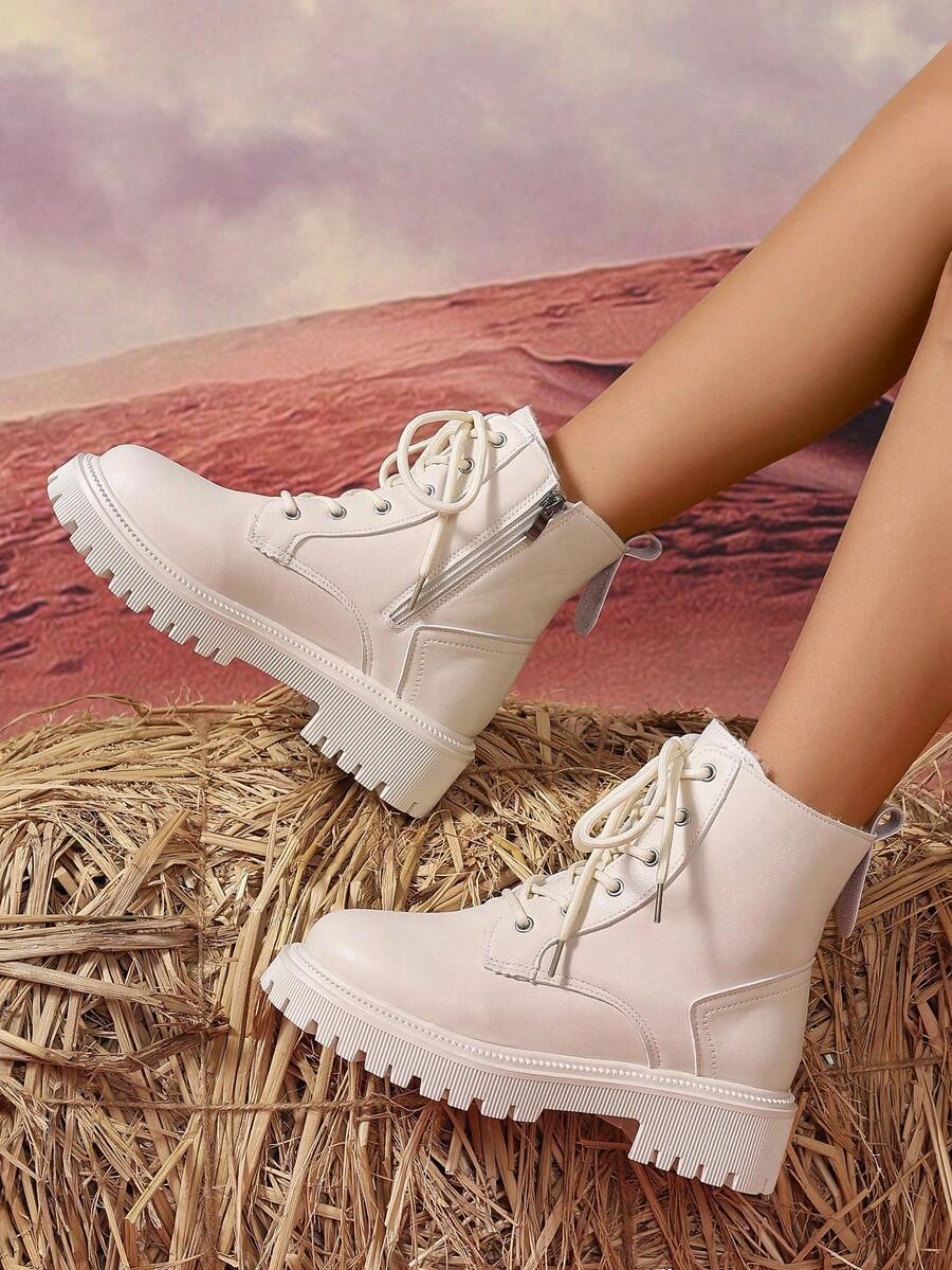 Women's Combat Boots Lace Up Ankle Boots Side Zipper - White 2 - photo 6