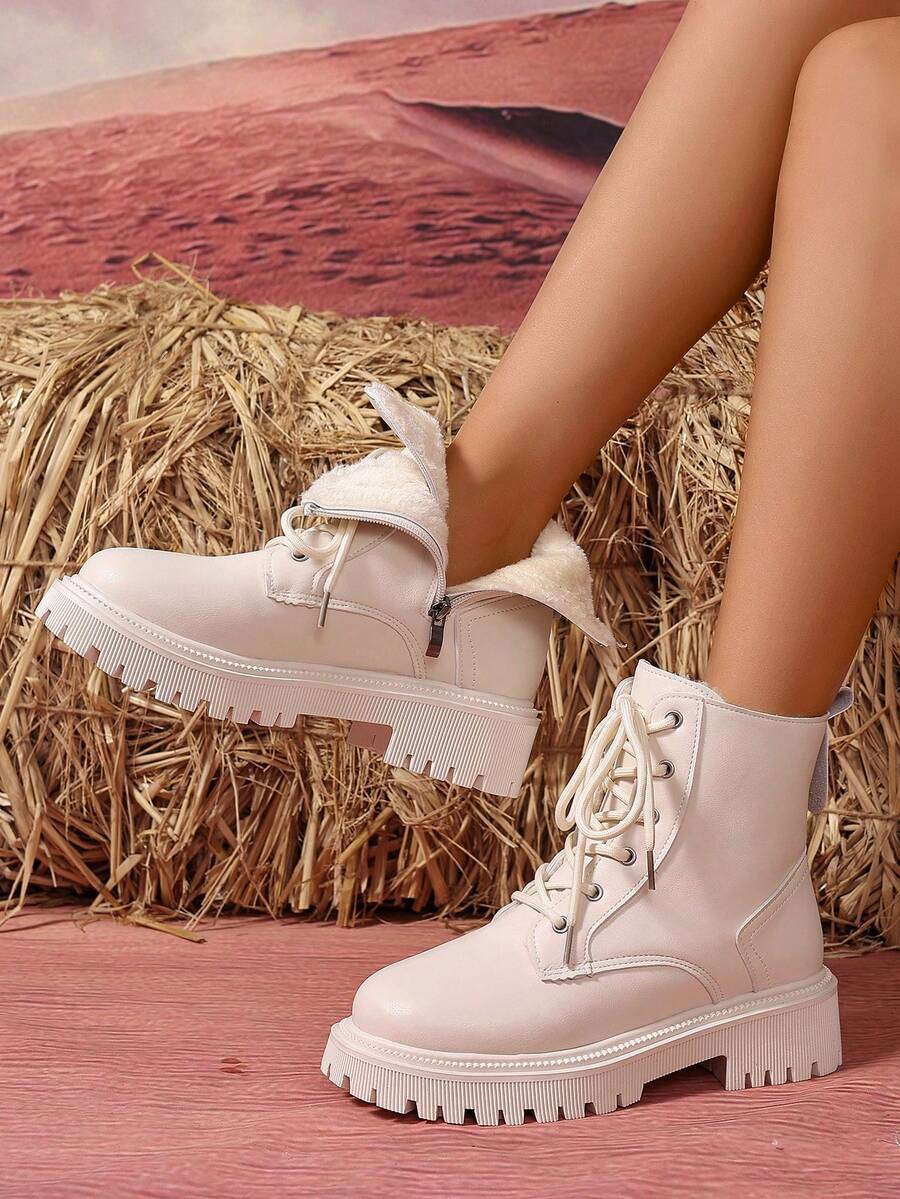 Women's Combat Boots Lace Up Ankle Boots Side Zipper - White 2 - photo 5