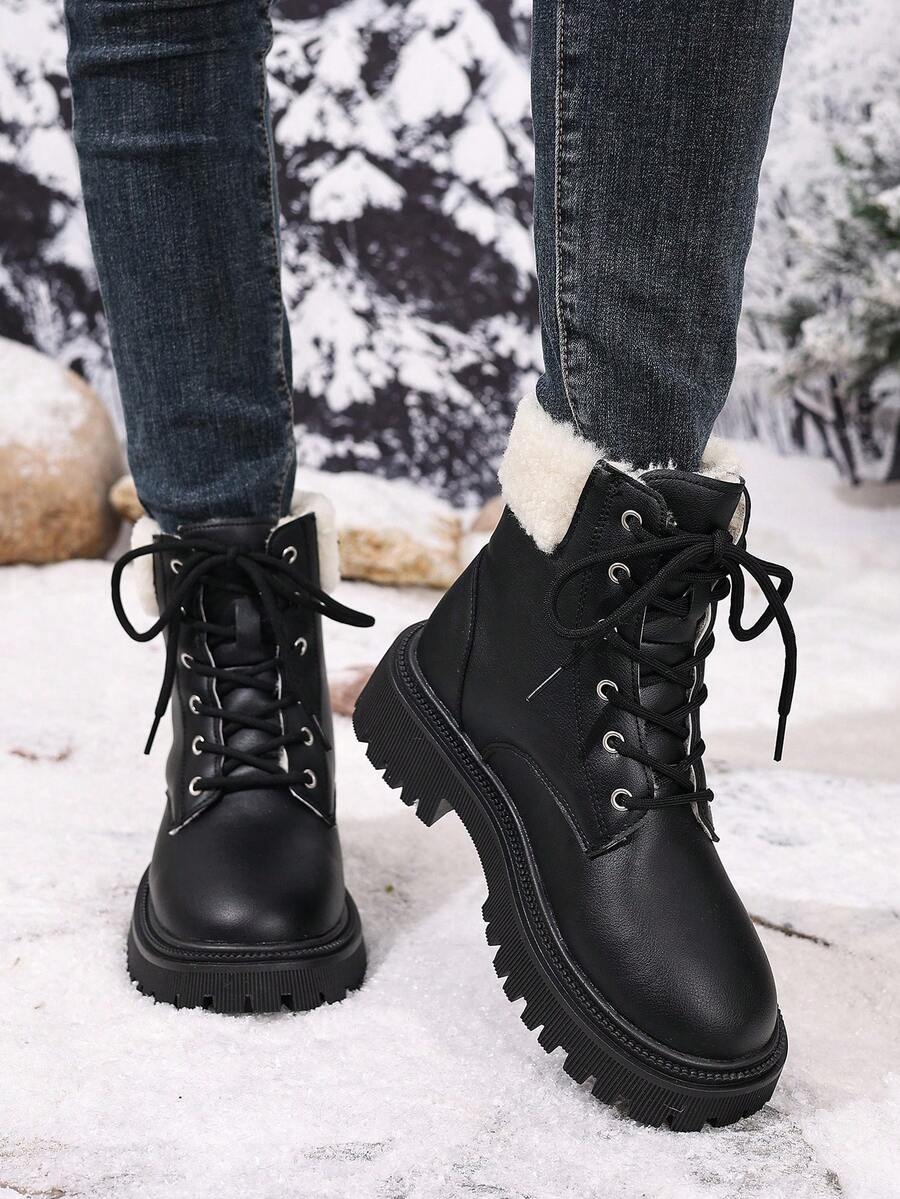 Women's Lace Up Combat Boots Ankle Boots with Side Zipper - Black - photo 3