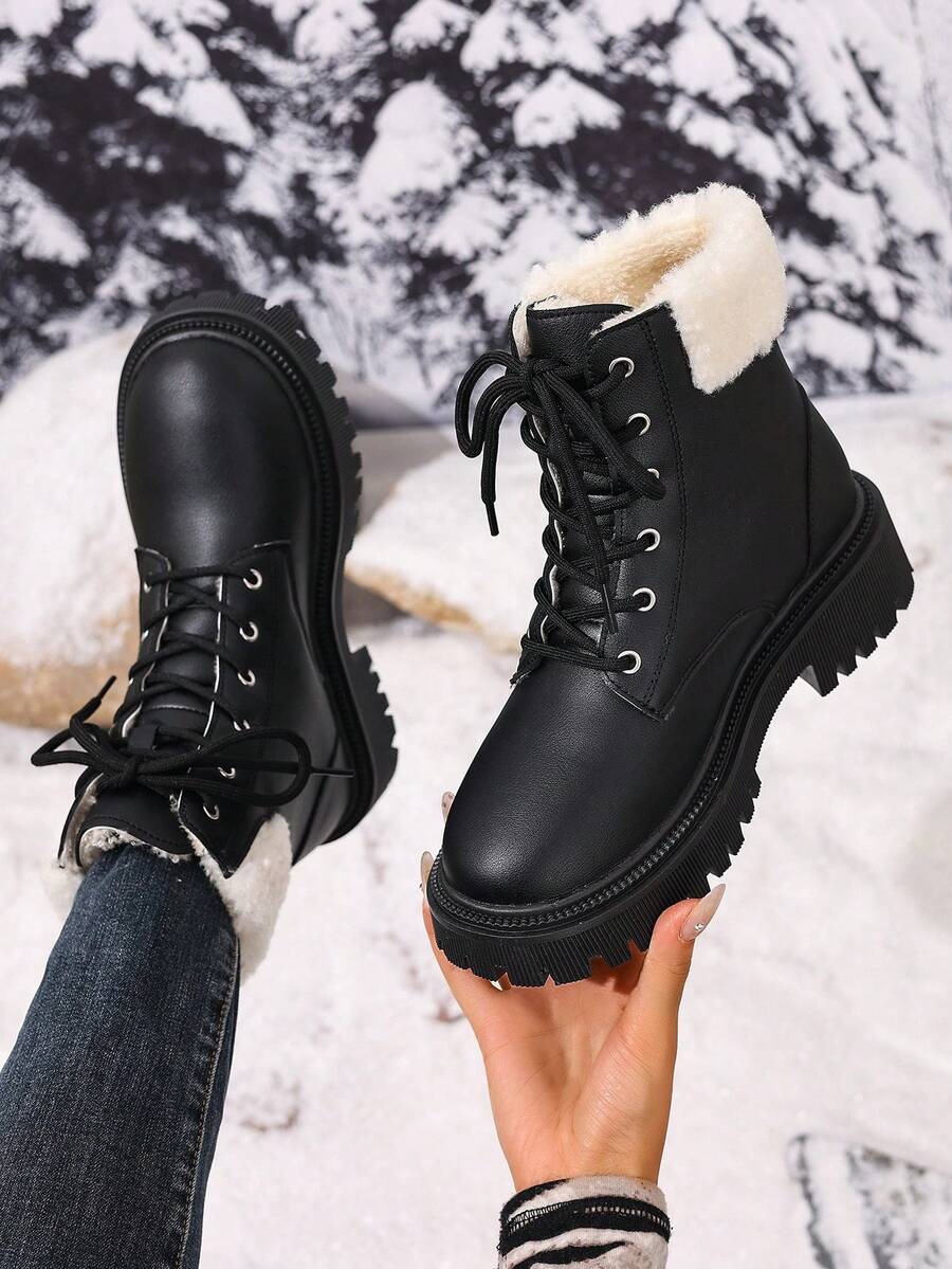 Women's Lace Up Combat Boots Ankle Boots with Side Zipper - Black