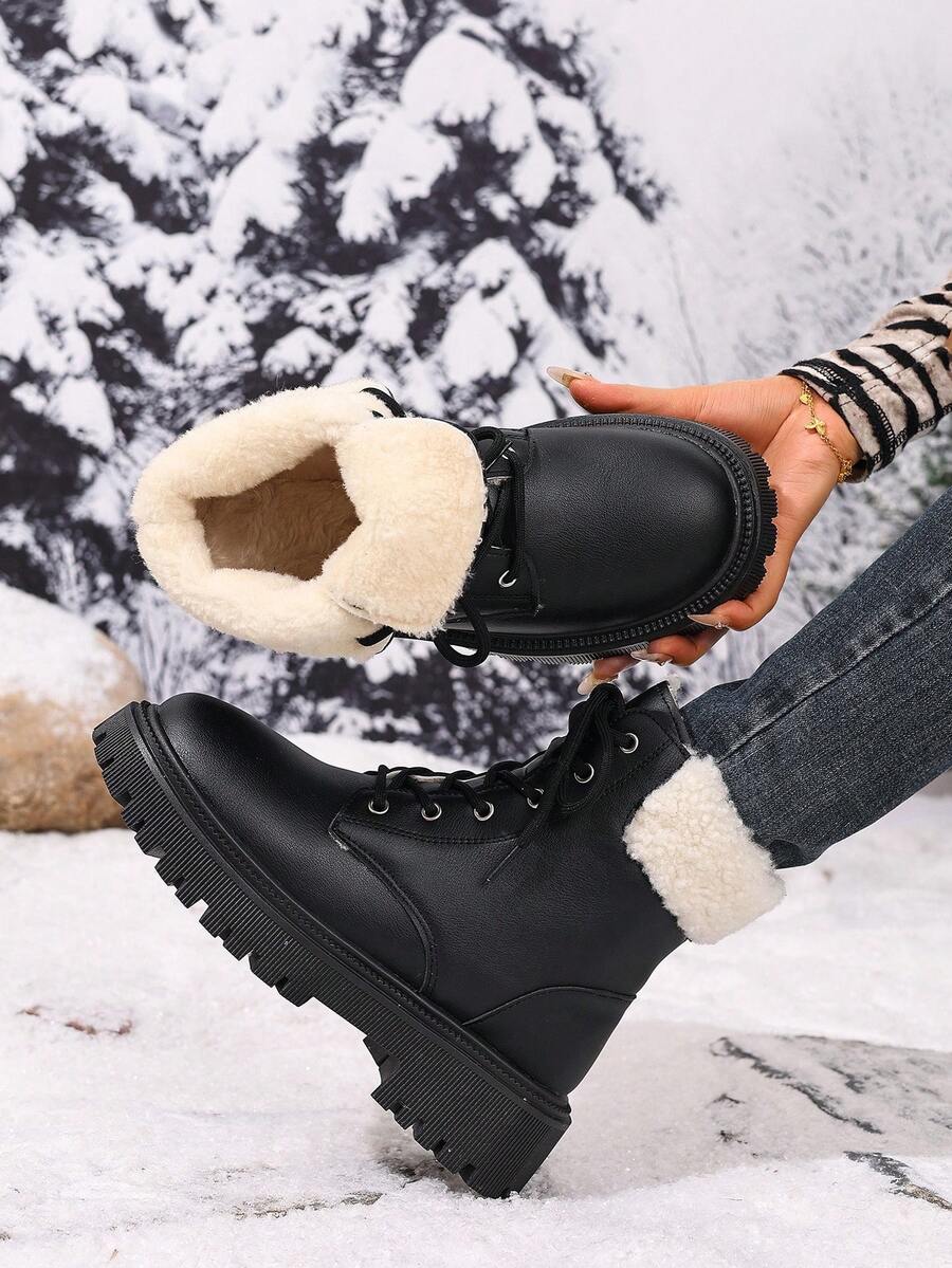 Women's Lace Up Combat Boots Ankle Boots with Side Zipper - Black - photo 4