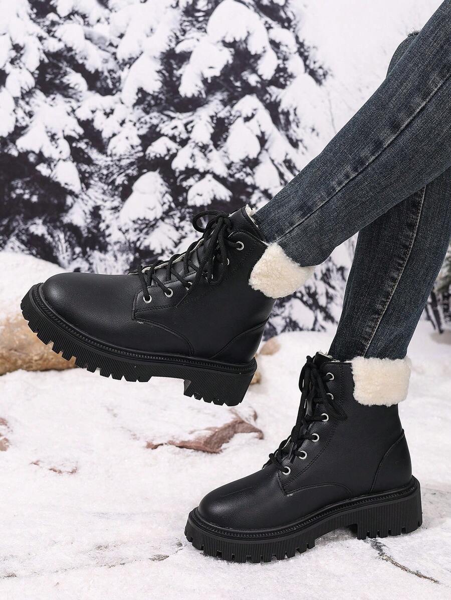 Women's Lace Up Combat Boots Ankle Boots with Side Zipper - Black - photo 2