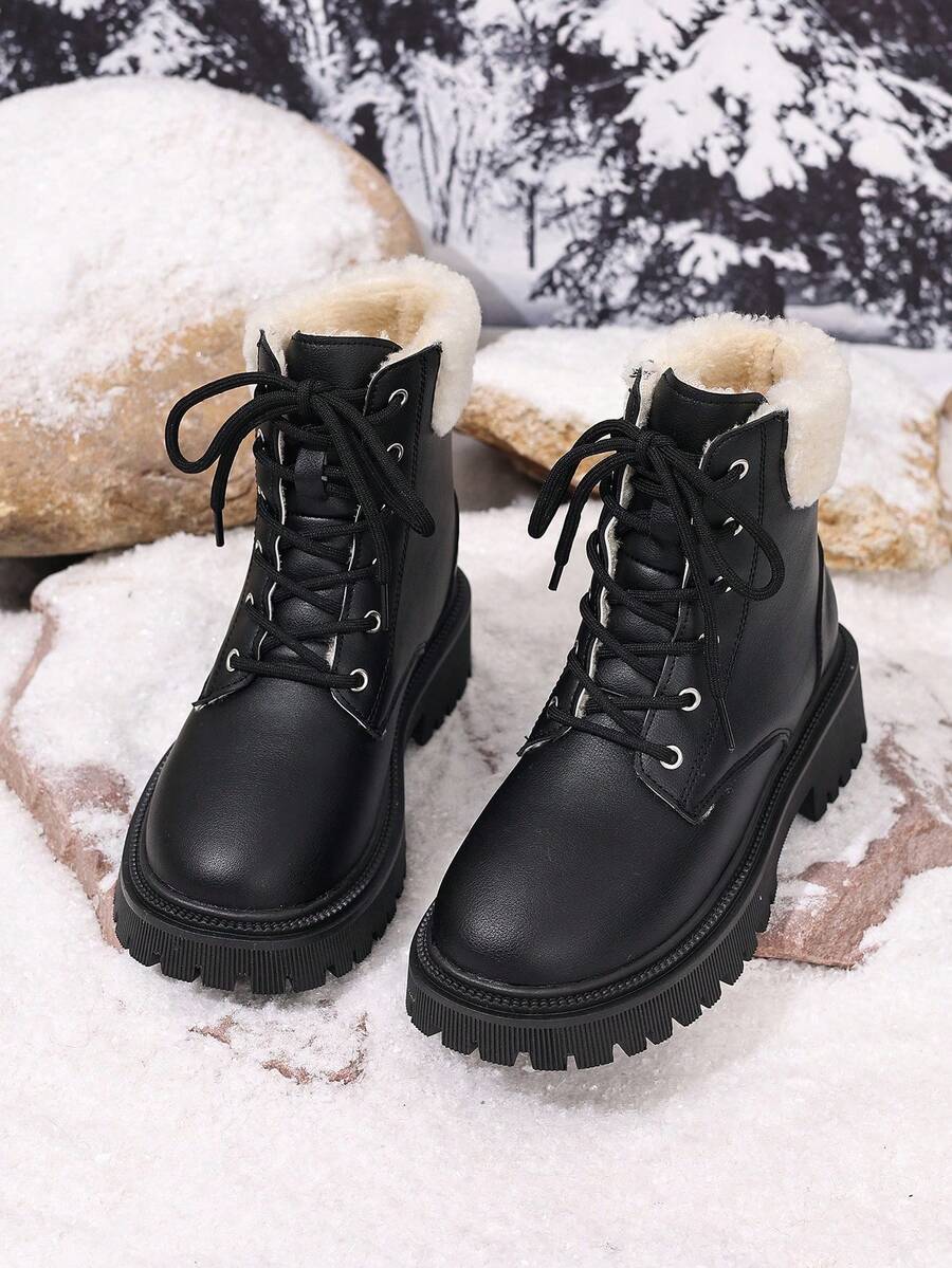 Women's Lace Up Combat Boots Ankle Boots with Side Zipper - Black - photo 6