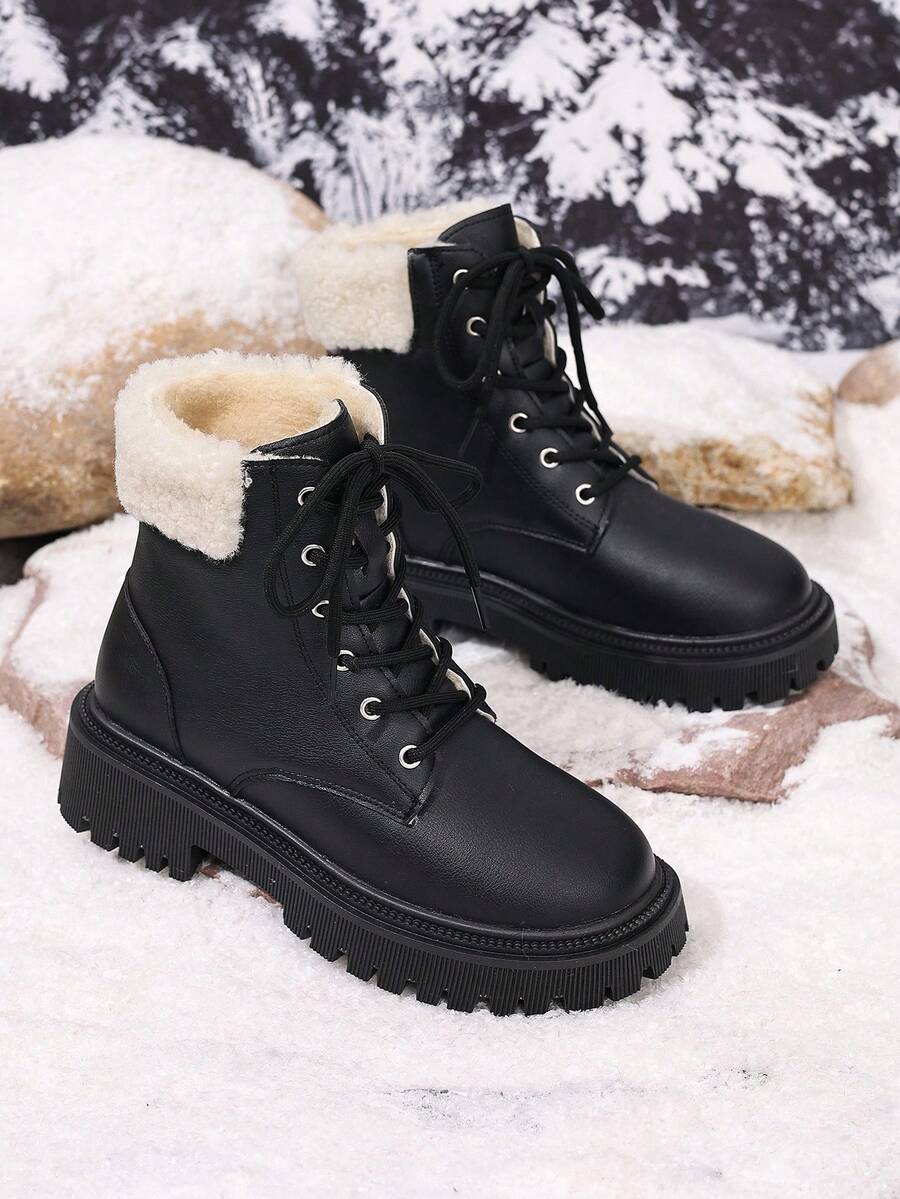 Women's Lace Up Combat Boots Ankle Boots with Side Zipper - Black - photo 7