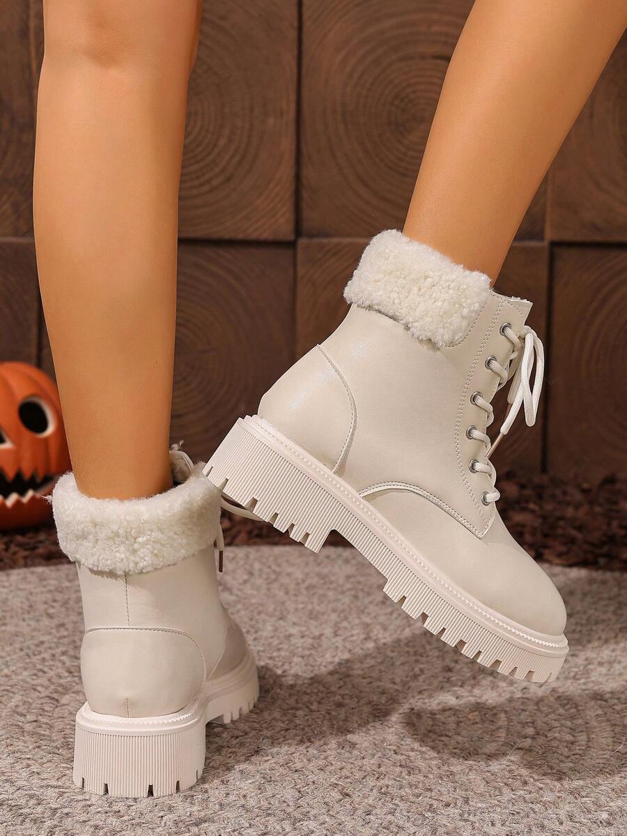 Women's Lace Up Combat Boots Ankle Boots with Side Zipper - White - photo 4