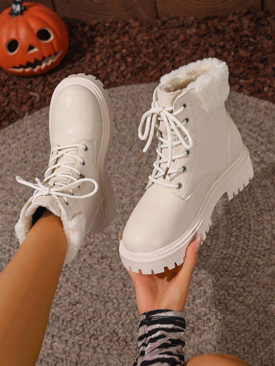 Women's Lace Up Combat Boots Ankle Boots with Side Zipper - White - photo 5