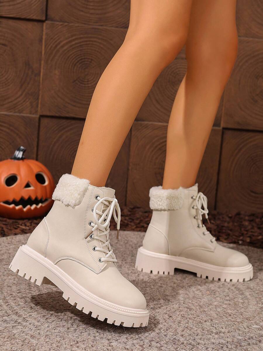 Women's Lace Up Combat Boots Ankle Boots with Side Zipper - White - photo 3