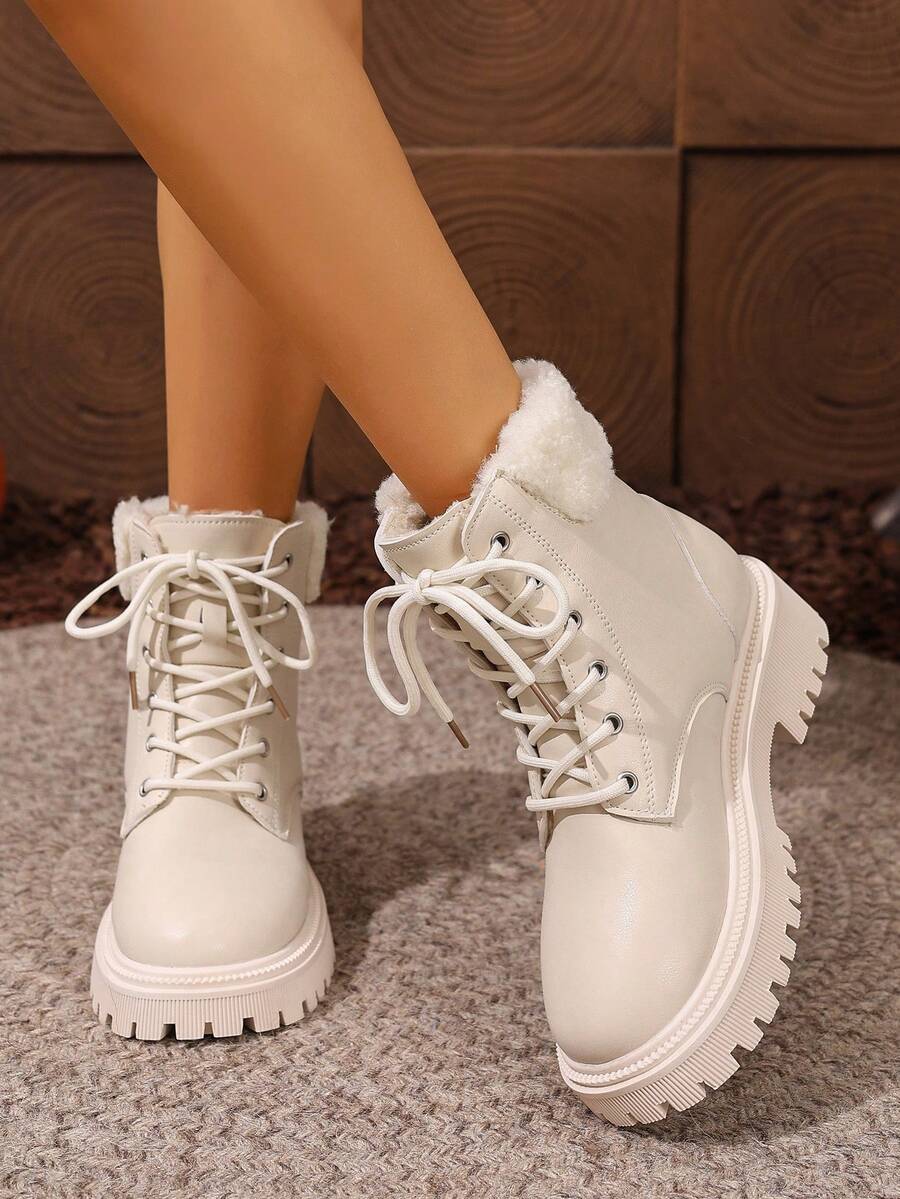 Women's Lace Up Combat Boots Ankle Boots with Side Zipper - White - photo 2