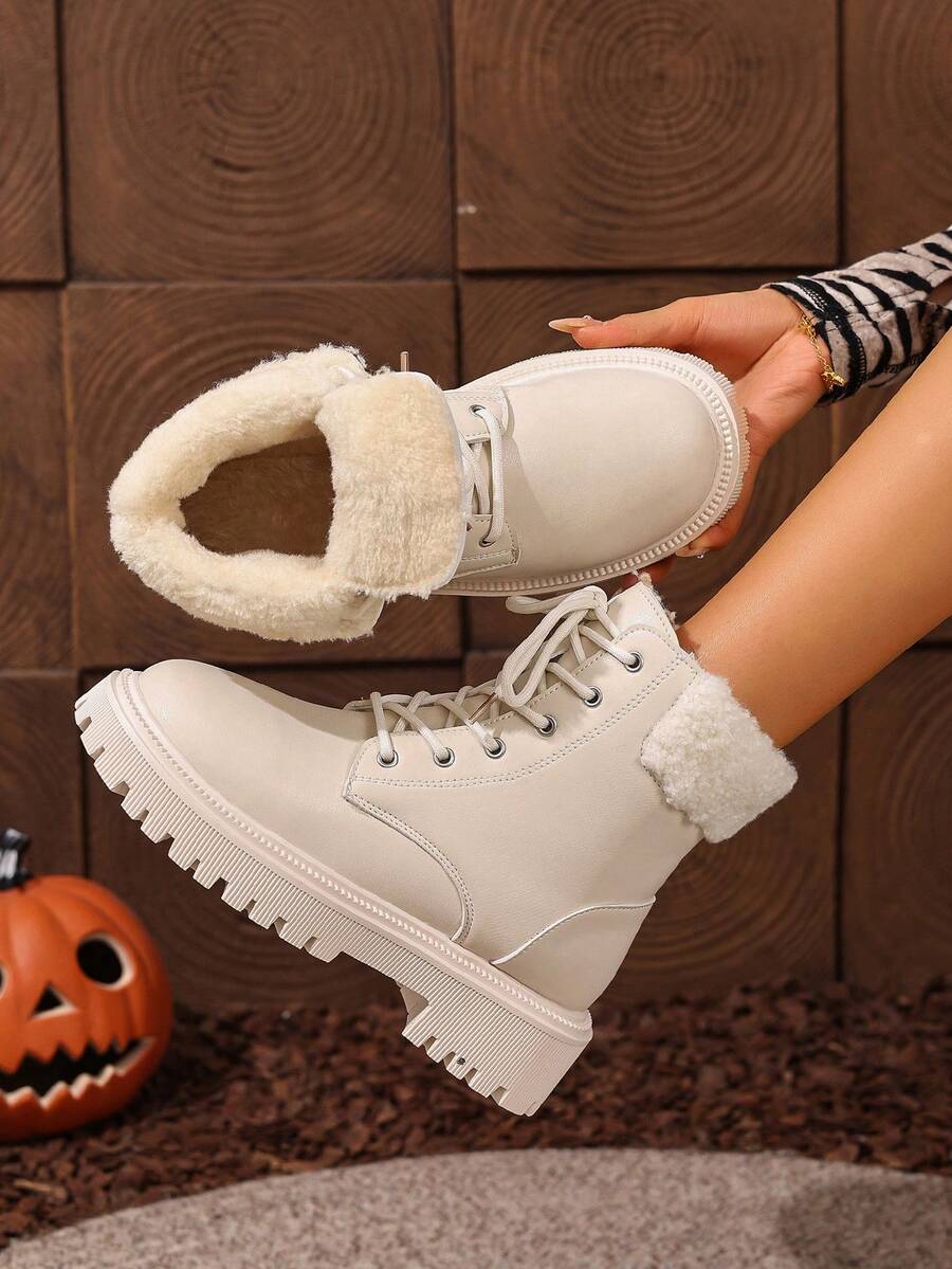 Women's Lace Up Combat Boots Ankle Boots with Side Zipper - White