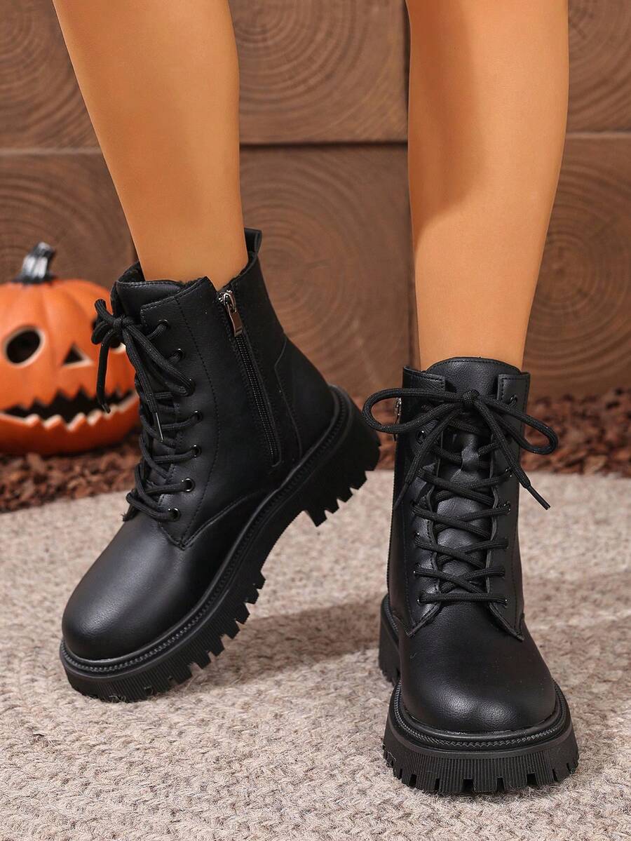 Women's Lace Up Combat Boots Ankle Boots with Side Zipper - Black 2 - photo 3