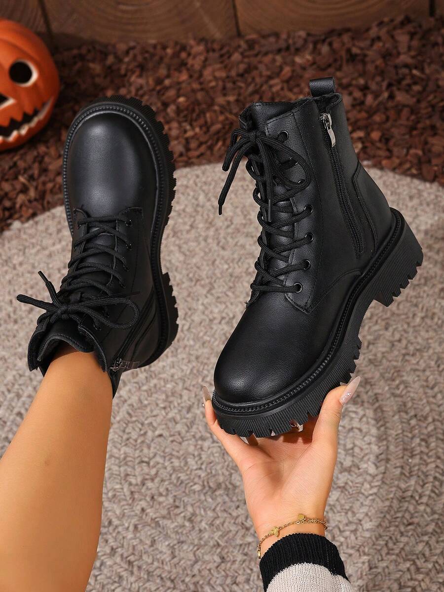 Women's Lace Up Combat Boots Ankle Boots with Side Zipper - Black 2