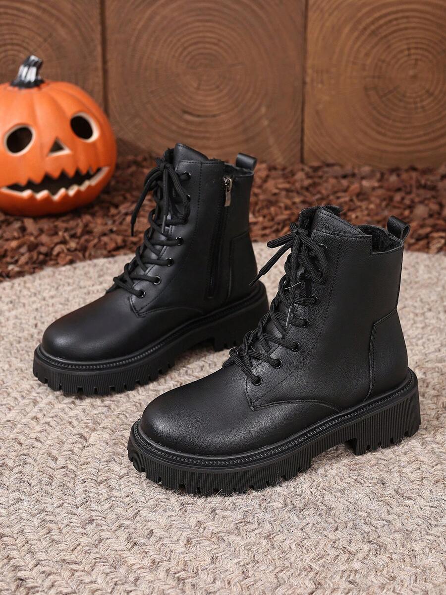Women's Lace Up Combat Boots Ankle Boots with Side Zipper - Black 2 - photo 6
