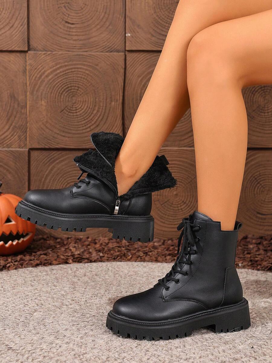 Women's Lace Up Combat Boots Ankle Boots with Side Zipper - Black 2 - photo 5