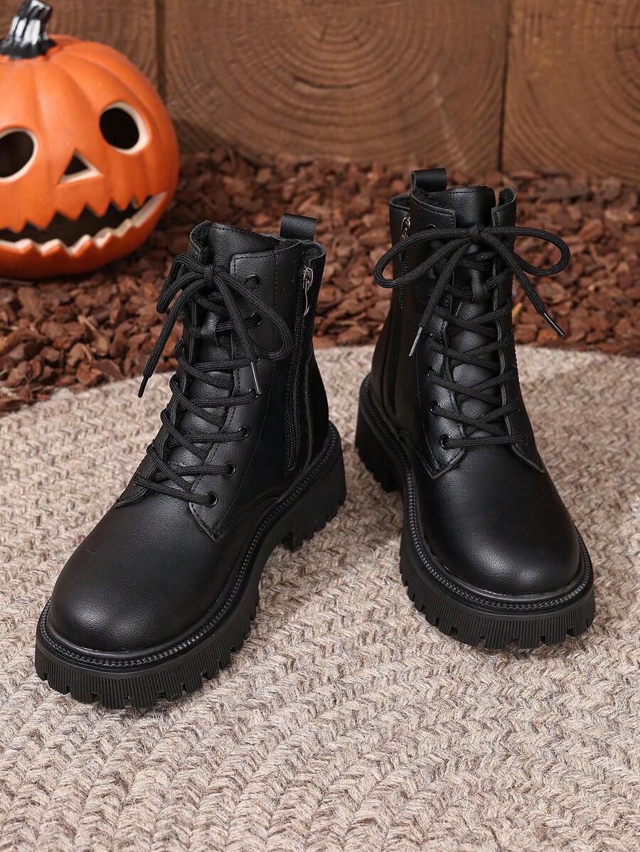 Women's Lace Up Combat Boots Ankle Boots with Side Zipper - Black 2 - photo 7