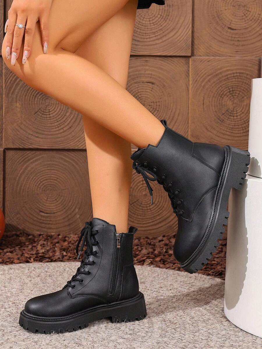 Women's Lace Up Combat Boots Ankle Boots with Side Zipper - Black 2 - photo 2