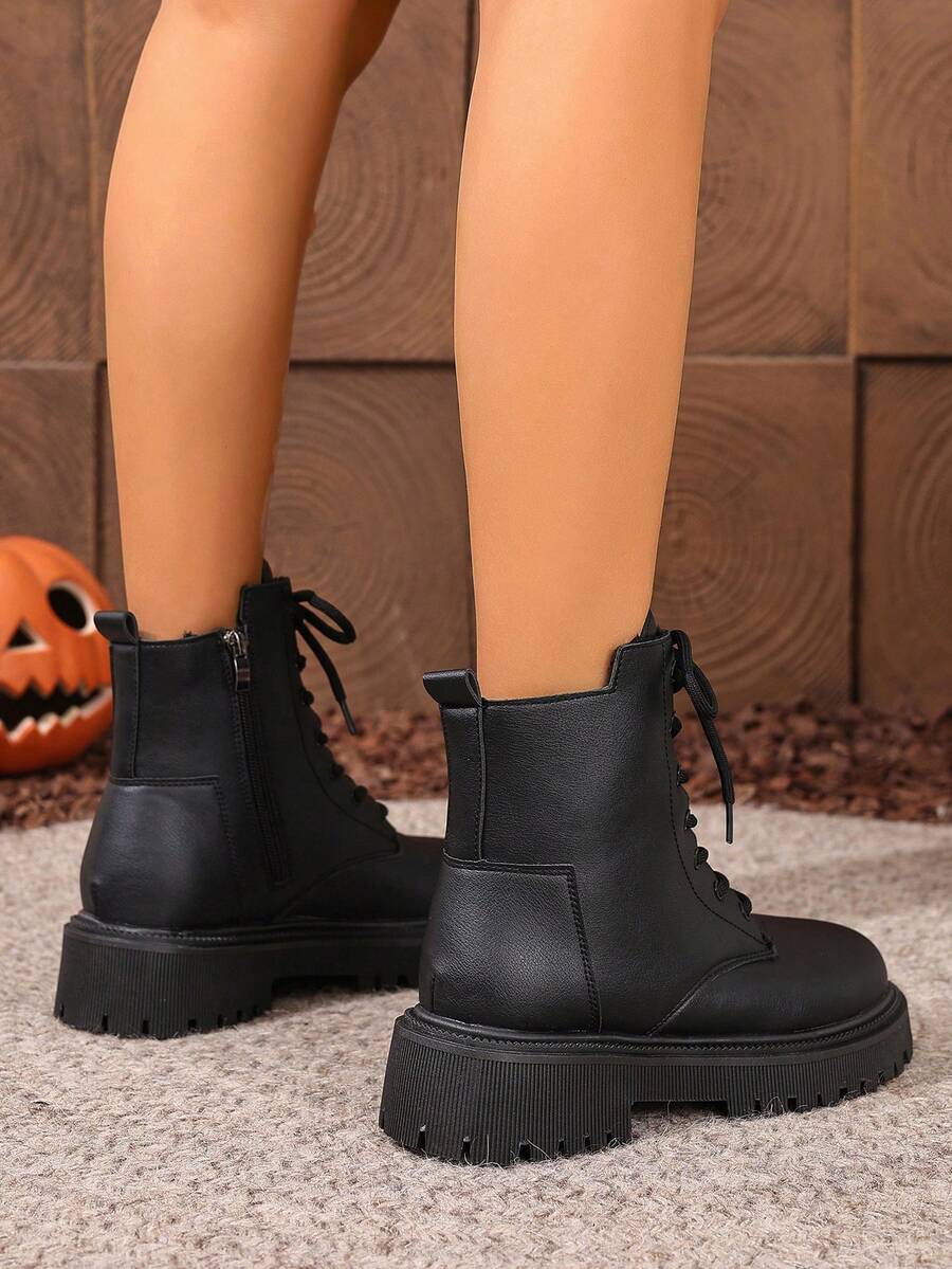 Women's Lace Up Combat Boots Ankle Boots with Side Zipper - Black 2 - photo 4