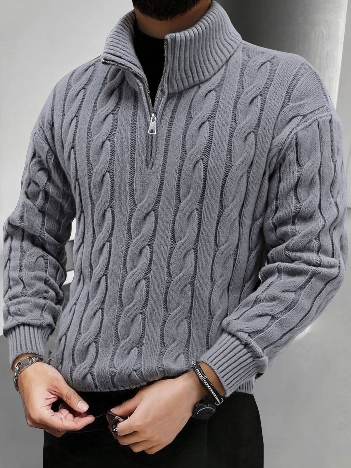 Men's Half Zip Cable Knit Sweater Long Sleeve - Gray