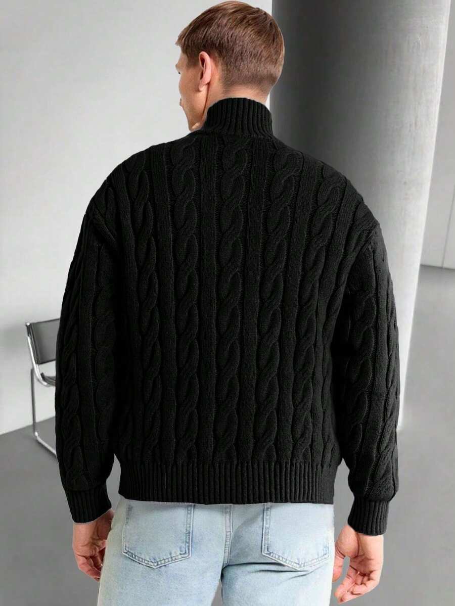 Men's Half Zip Cable Knit Sweater Long Sleeve - Black - photo 2