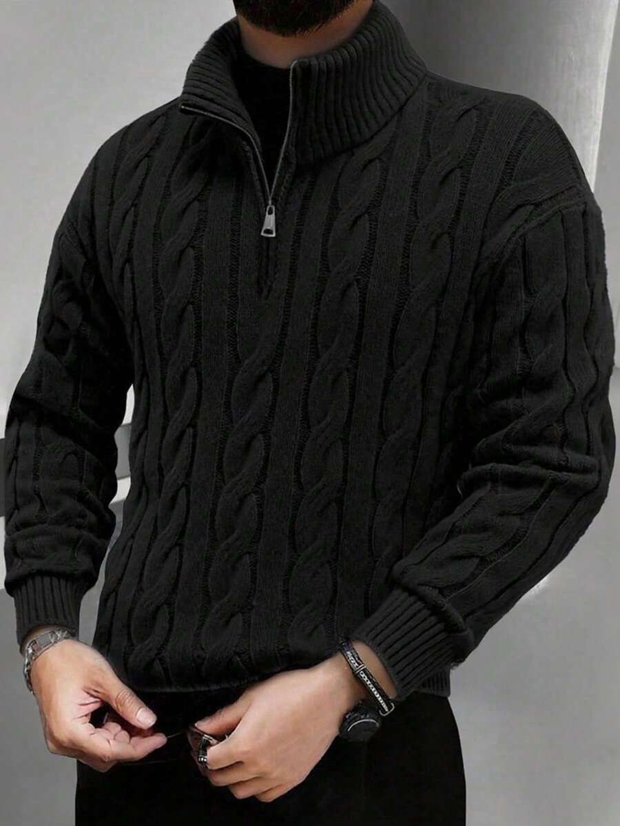 Men's Half Zip Cable Knit Sweater Long Sleeve - Black