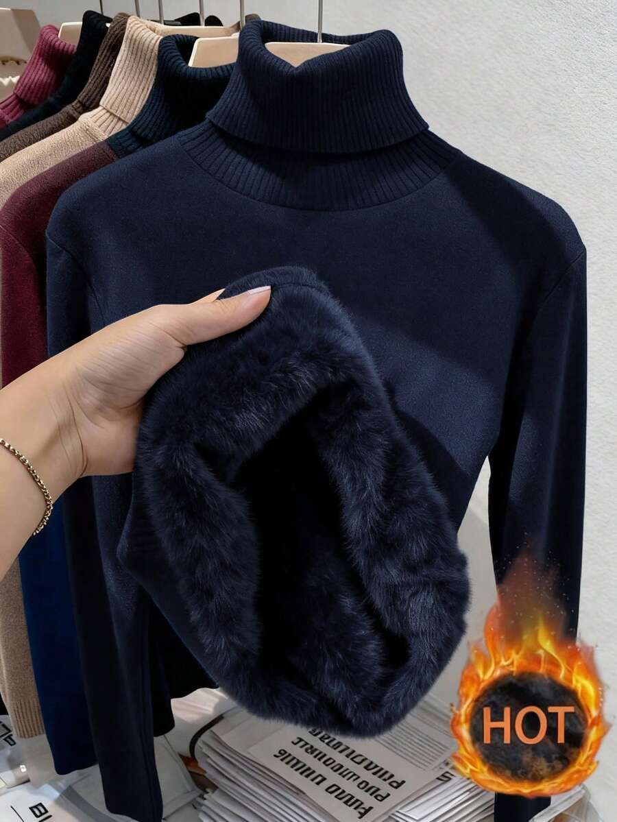 Rib Knit Turtleneck Sweater Long Sleeve Slim Fit - Navy Blue
